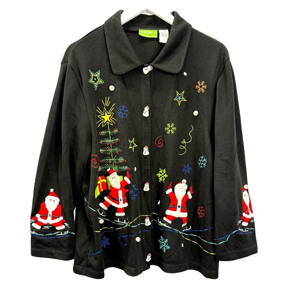 Vintage Onque Woman Christmas Cardigan Sweater Size 2X Black Santa Tree Snowman